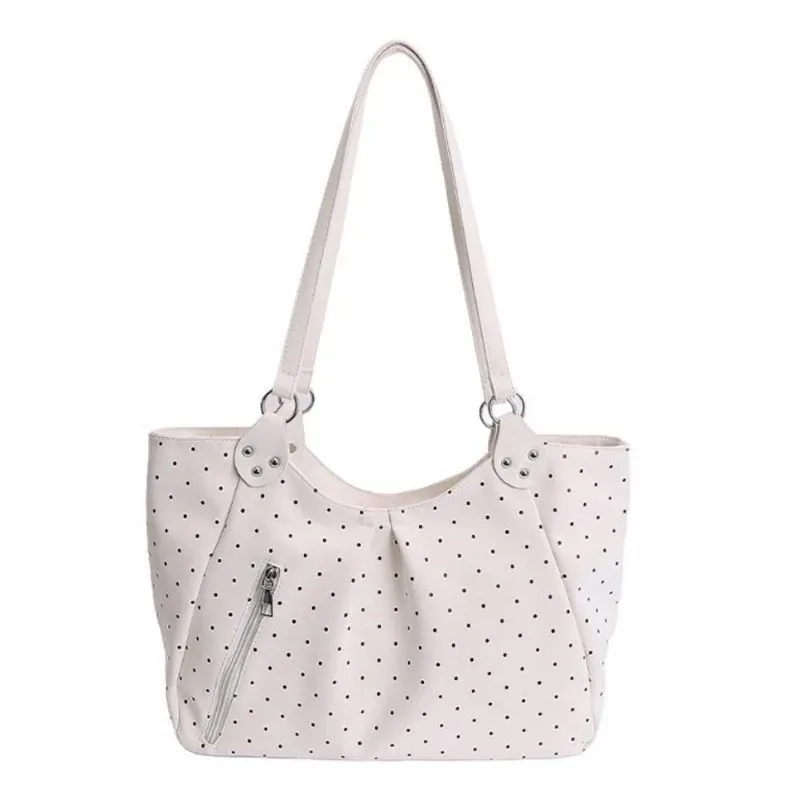 sac à bandoulière vintage grande capacité pour femme coréenne, motif pois, fourre-tout mignon avec fermeture éclair, sac à main décontracté pour l'école, le shopping et le travail