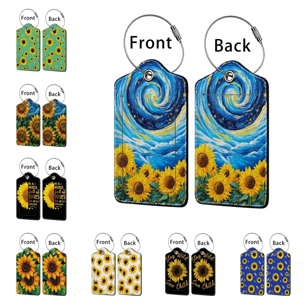 Étiquette Bagage Polyuréthane Motif Tournesols Bleu Nuit Jaune Voyage Identification Personnelle Plaques Adresses Double Cartes Bancaires