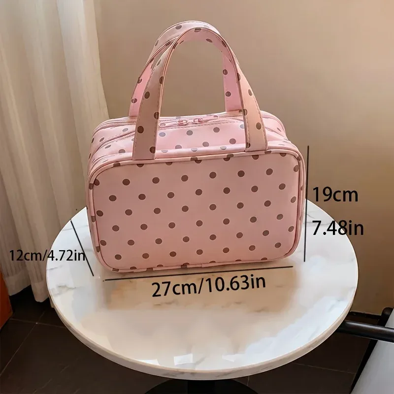 nouvelle trousse de maquillage portable pour femmes, à pois, grande capacité, 3 compartiments, organisateur de voyage pour produits de soin de la peau et cosmétiques.