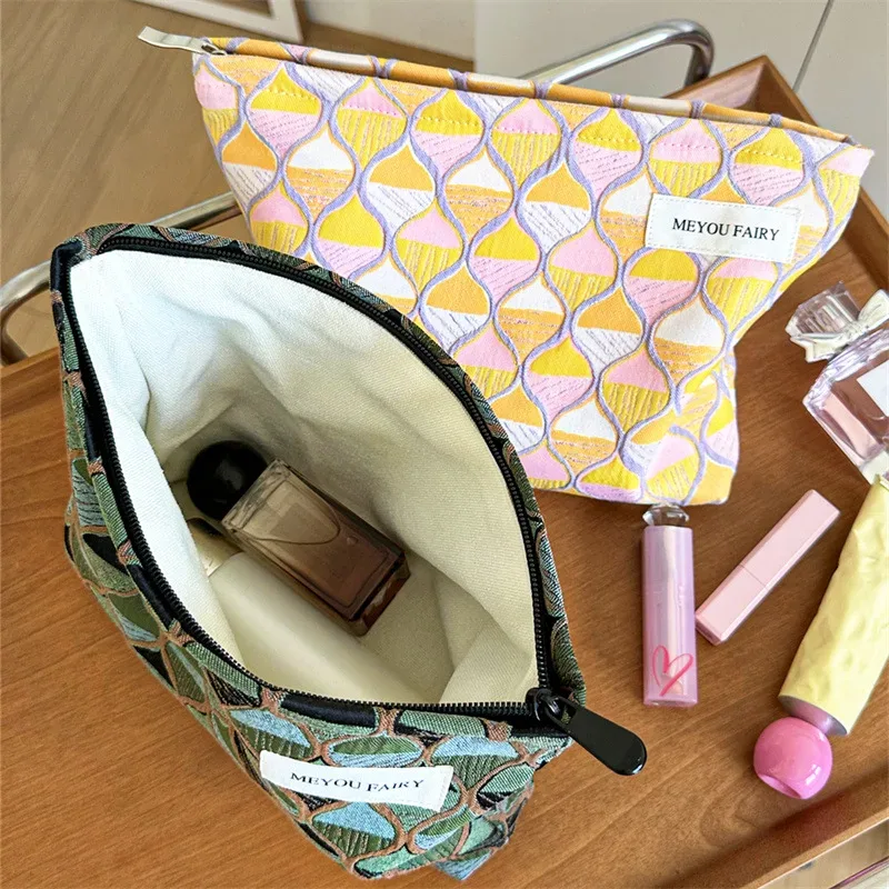 trousse de maquillage artistique de haute qualité à texture olive et blocs de couleurs, pochette cosmétique portable avec fermeture éclair, étui de rangement en toile pour articles de toilette