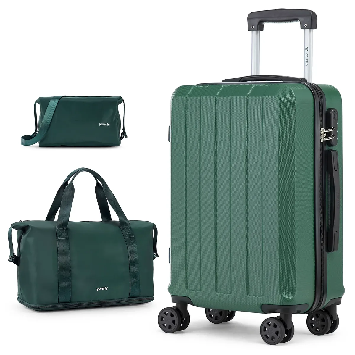 ensemble de 3 valises yonsly comprenant une valise de voyage extensible en nylon de 20 pouces, une trousse de toilette, une valise avec serrure à combinaison et 4 roulettes pivotantes à 360 degrés. °   roues, un spinner, un compartiment en maille et une poignée en caoutchouc souple pour les vacances