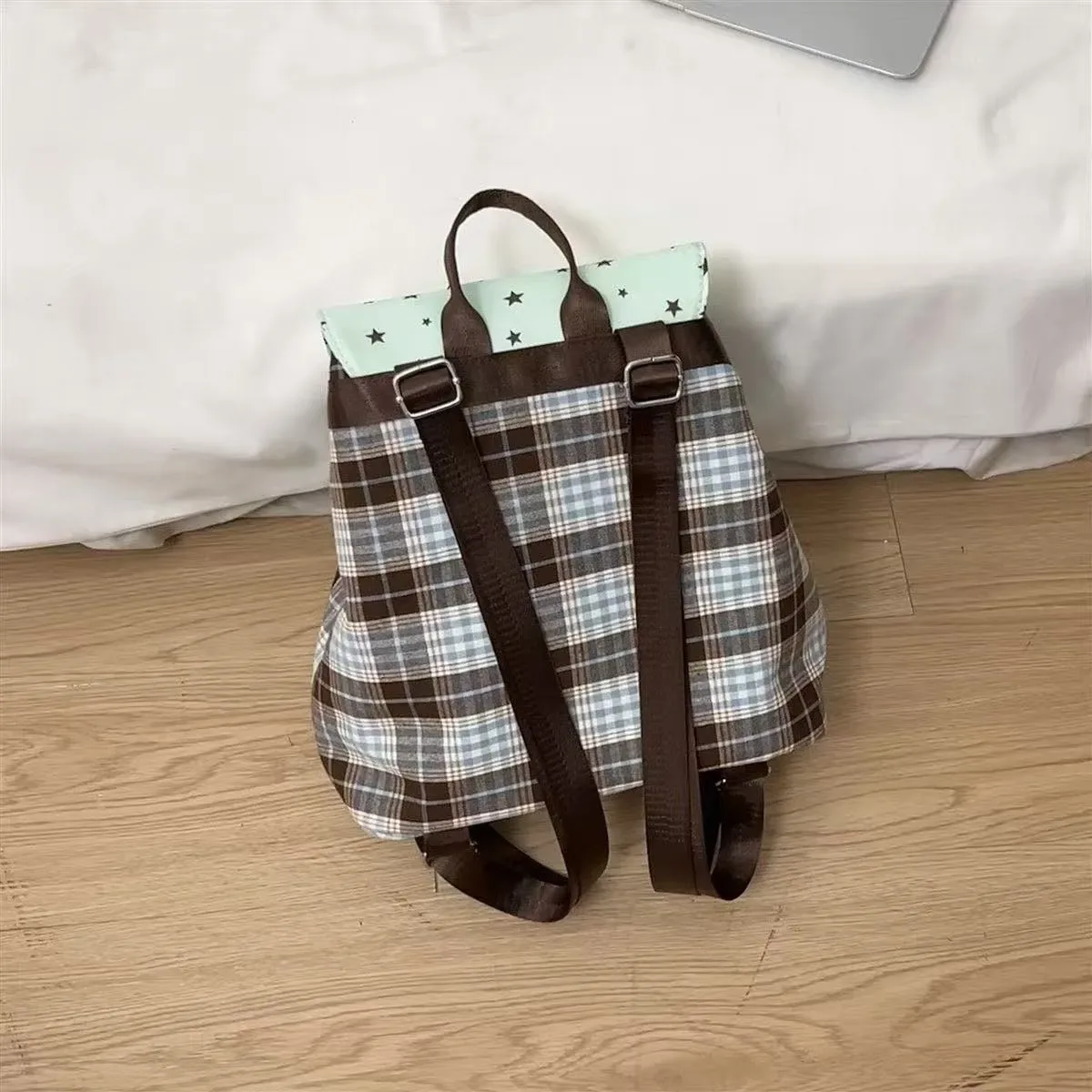 sac à dos coréen à carreaux et imprimé étoiles pour femmes, sac d'école à cordon avec nœud, esthétique y2k, sac de voyage décontracté pour adolescentes