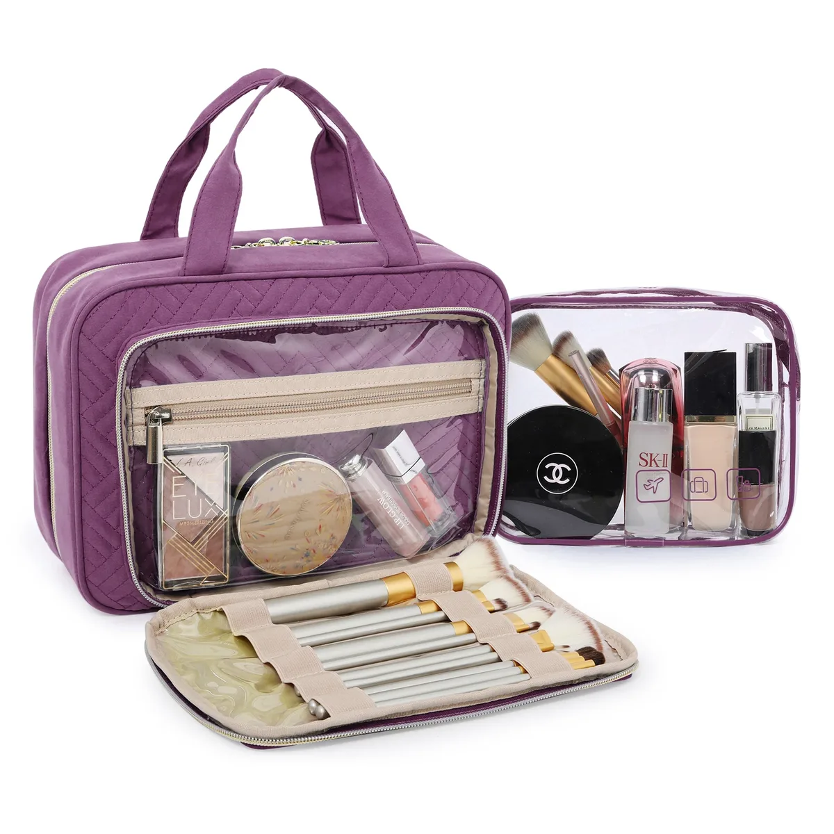 trousse toilette pvc noire accent doré compartiments organisation maquillage voyage boîte format rectangle motif géométrique relief frontal