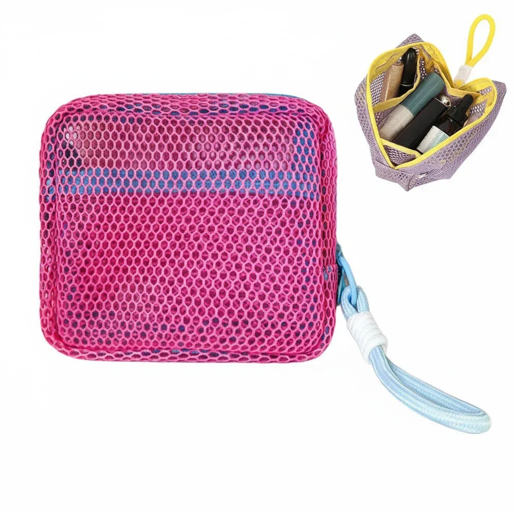 mini pochette en maille dopamine, étui carré coloré pour écouteurs, trousse à cosmétiques portable pour rouge à lèvres, organiseur de rangement respirant pour articles de toilette