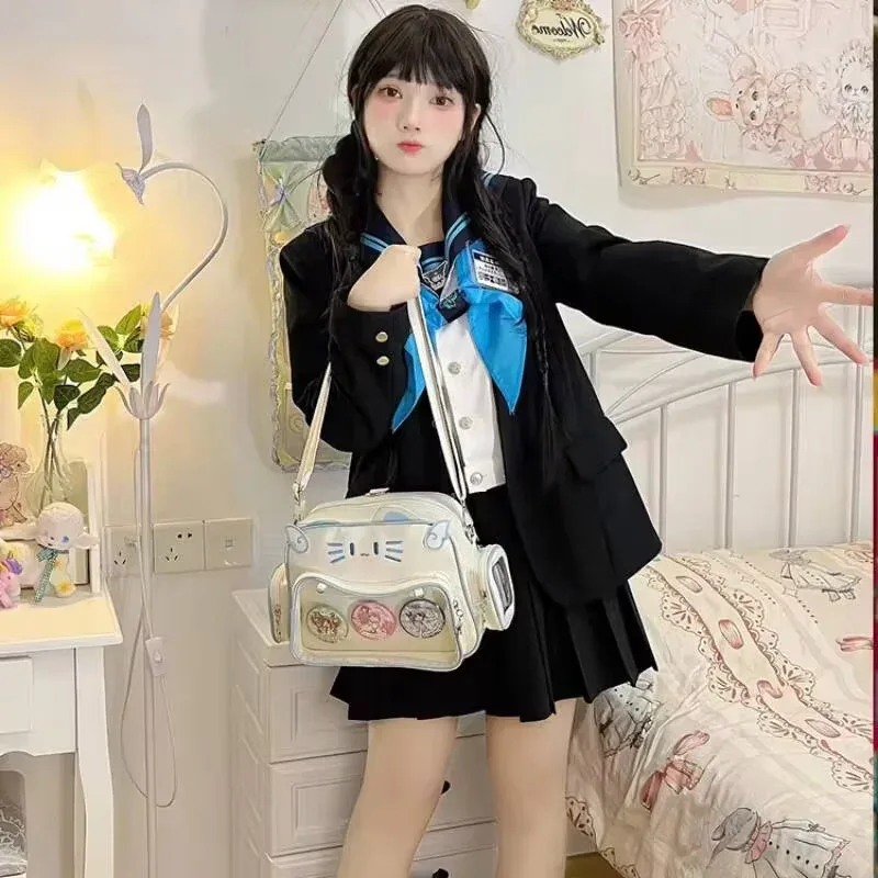 y2k-sac à dos chat argenté pour femme, adolescent mignon, sac d'école ita, doux, fille, poche transparente, sac de voyage, sac à bandoulière, japon