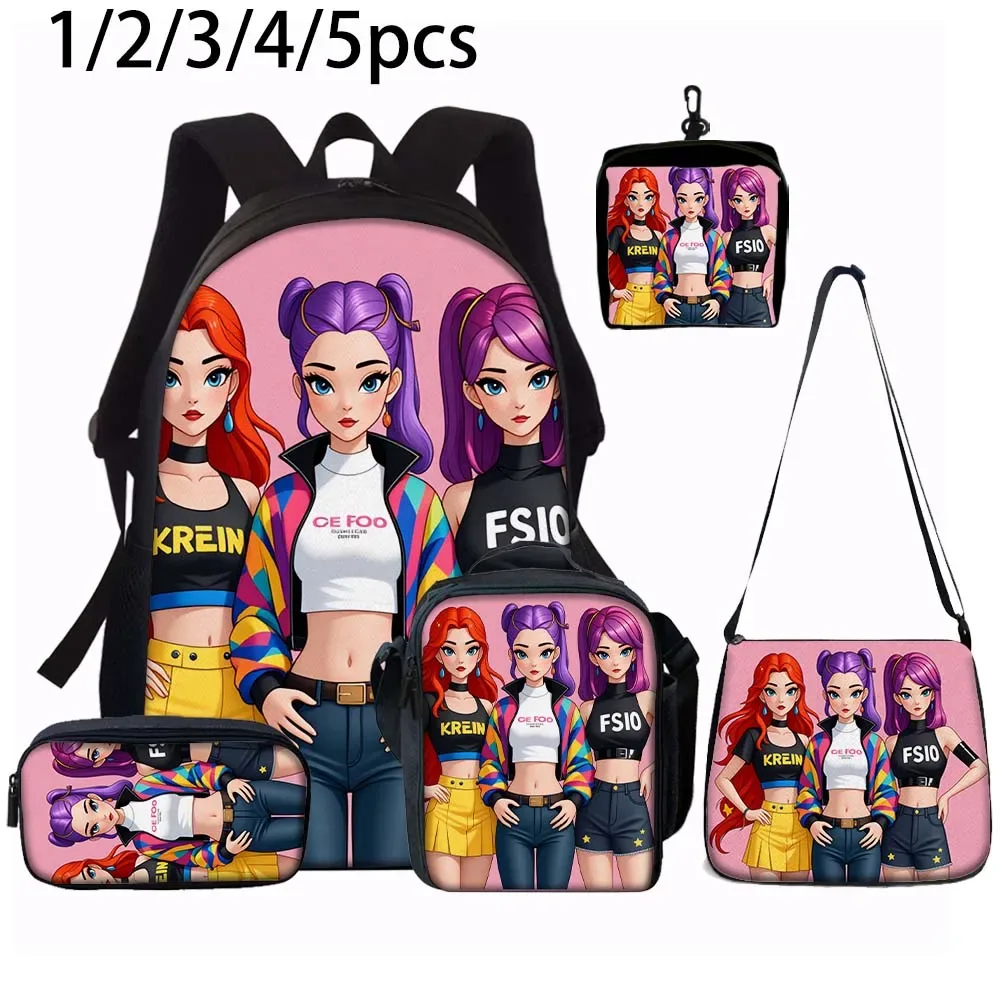 sac dos polyester dessin animes personnages stylisés fonds rose noirs accents couleurs vivantes transport journalier