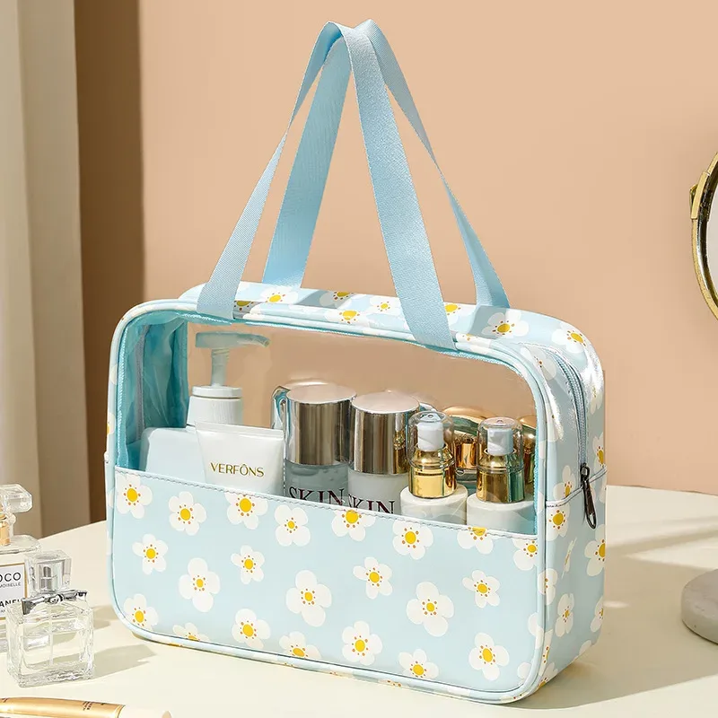 4 pièces sac de maquillage en pvc fleur imprimé sac à main de lavage transparent pochette cosmétique de voyage étanche trousse de toilette pratique porte-monnaie