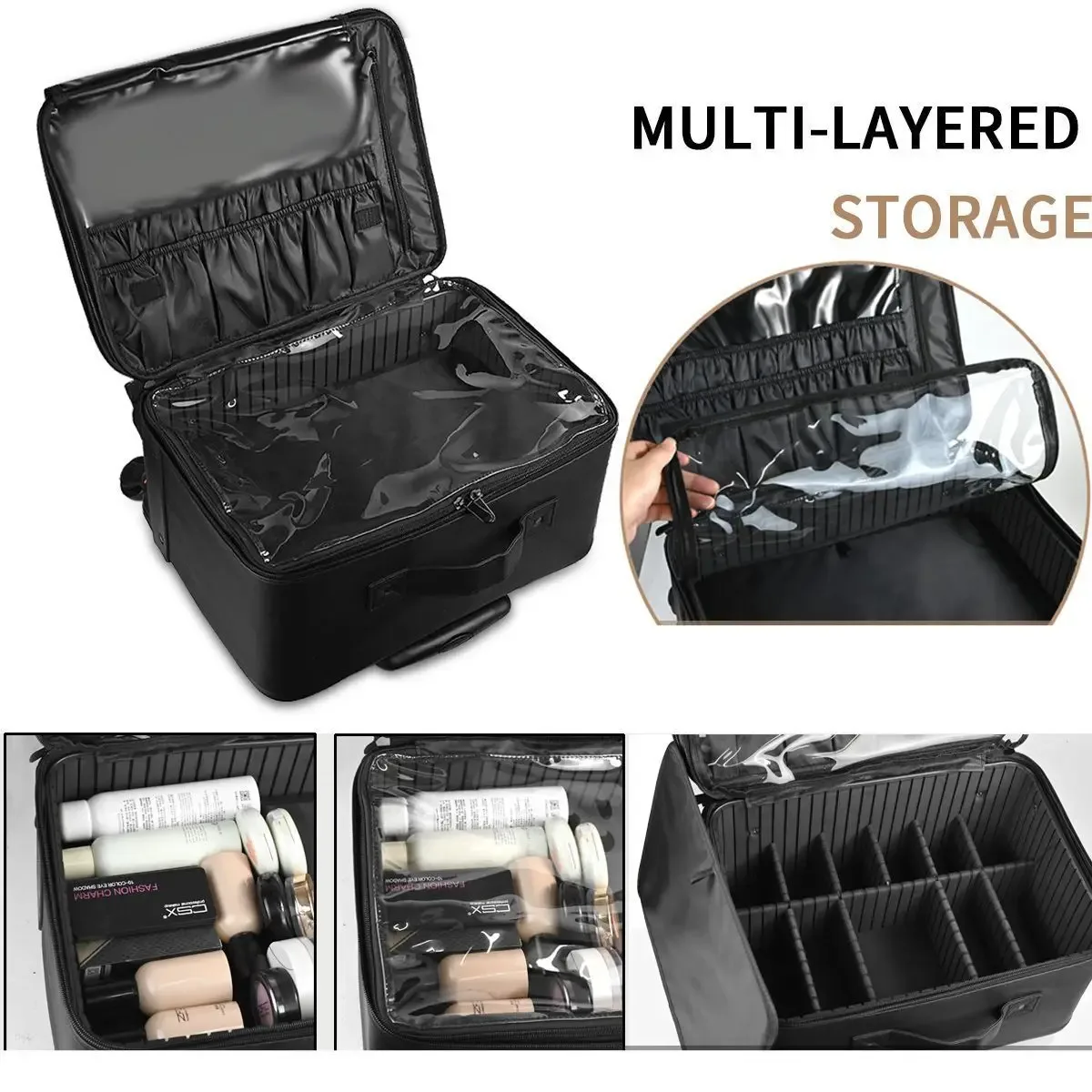 grand étui de maquillage roulant, chariot cosmétique professionnel sur roulettes, organisateur de voyage brodé multicouche pour la beauté