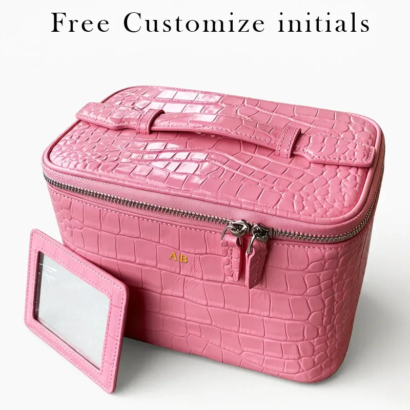 personnaliser les initiales première couche de peau de vache motif crocodile voyage affaires sacs de maquillage pour femmes sacs à main et sacs à main de luxe 2026 nouveau en cuir avec boîte miroir sac organisateur