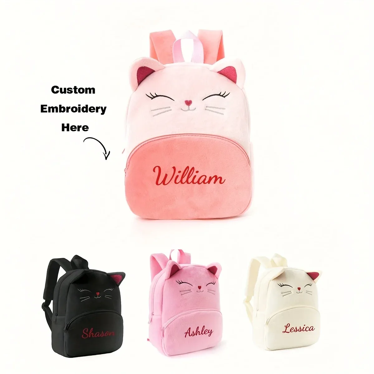 sac à dos pour fille avec motif de chat de dessin animé et nom personnalisé, texte brodé, sac à dos de loisirs et de voyage pour femme, cadeau de rentrée scolaire