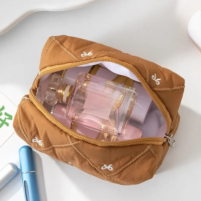 sac de toilette brodé à nœud, grande capacité, sac de voyage, sac à maquillage à carreaux, pochette de rangement