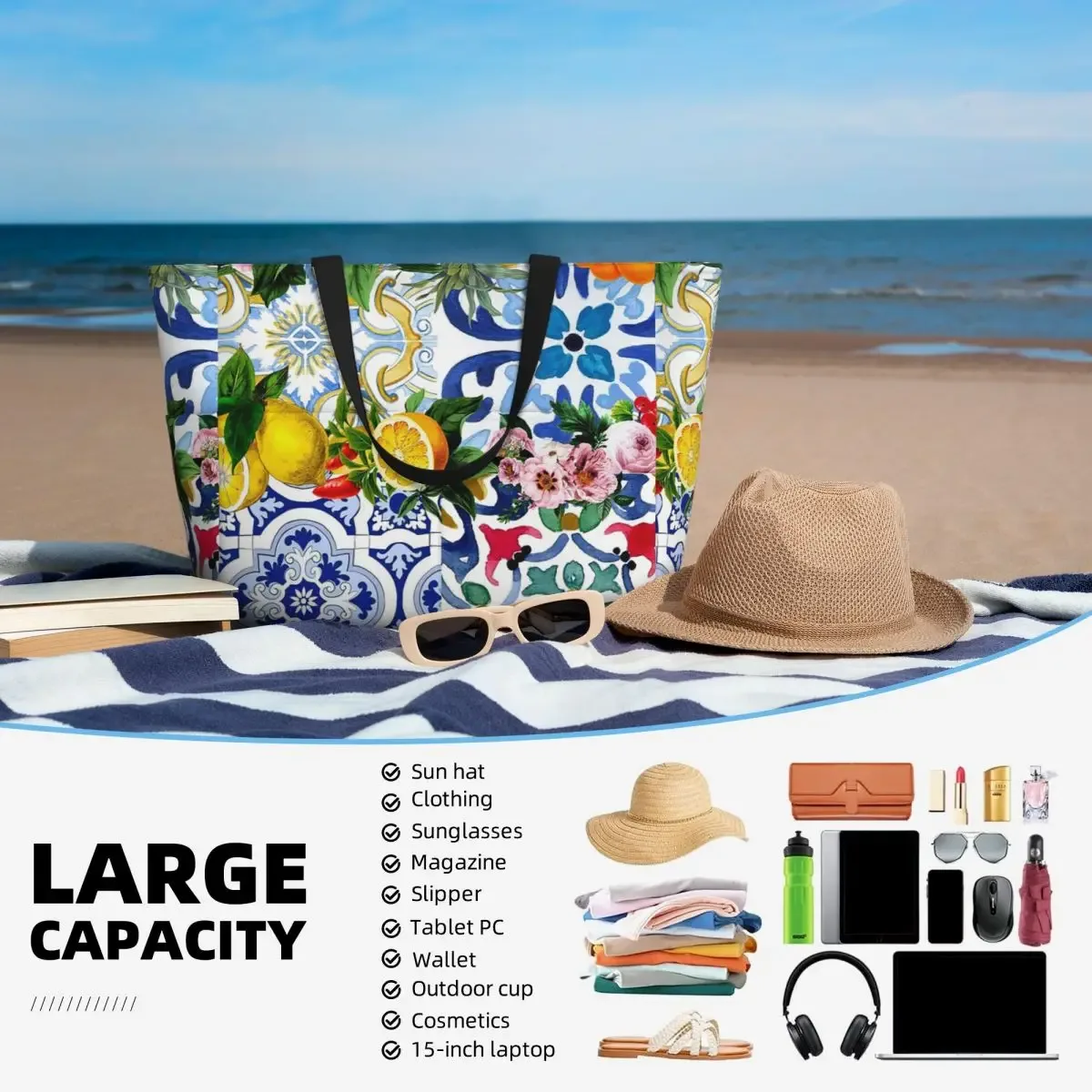 carreaux siciliens, méditerranéens, mosaïque, limons, sac fourre-tout de plage, sport, gymnastique, yoga, grand fourre-tout, sac de voyage pour femmes, sac de fitness