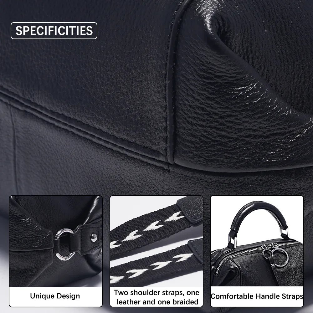 zency – sac à bandoulière noir de créateur pour femmes, sac à main en cuir véritable 100%, taille moyenne pour la vie quotidienne avec deux sangles