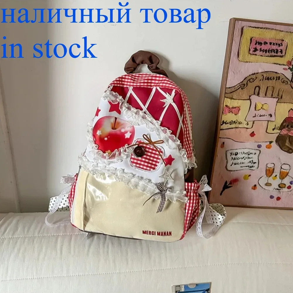 sac à dos apple star ita bag à carreaux en dentelle, style frais et doux, pour étudiantes, sacs portables pour femme