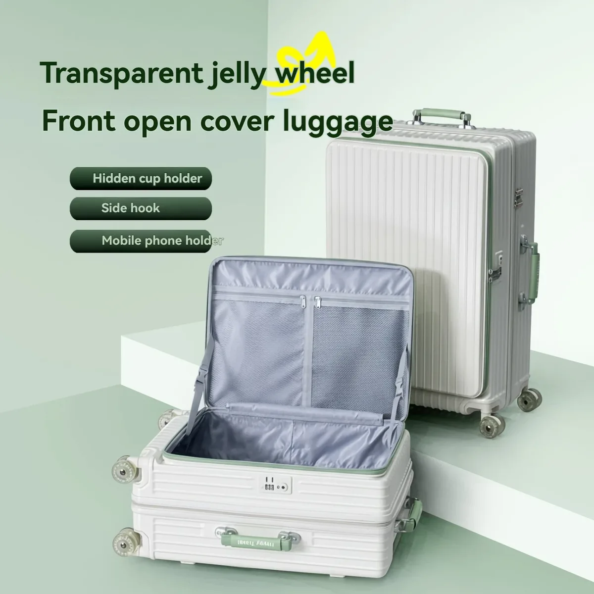 ensemble de valise de voyage à ouverture frontale, composé d'une seule pièce, avec roulettes en gel, poignée télescopique, couche extensible de 5 cm, poignée en cuir, sac à bagages avec support pour téléphone, porte-gobelet pliable, fonction de crochet latéral, cadenas pour les douanes, idéal pour les vacances à la plage et les longs trajets.