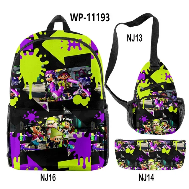 splatoon-sac à dos pour ordinateur portable, sac à bandoulière incliné, trousse à crayons, sac à dos pour 3 élèves, jeu de mode créatif, ensemble de 3 pièces