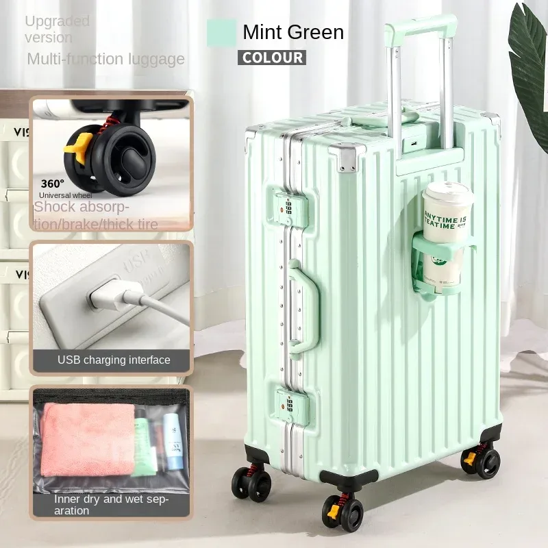 valise de voyage multifonction avec frein à roue, chargement usb, cadre en aluminium, pour hommes et femmes, bagage cabine