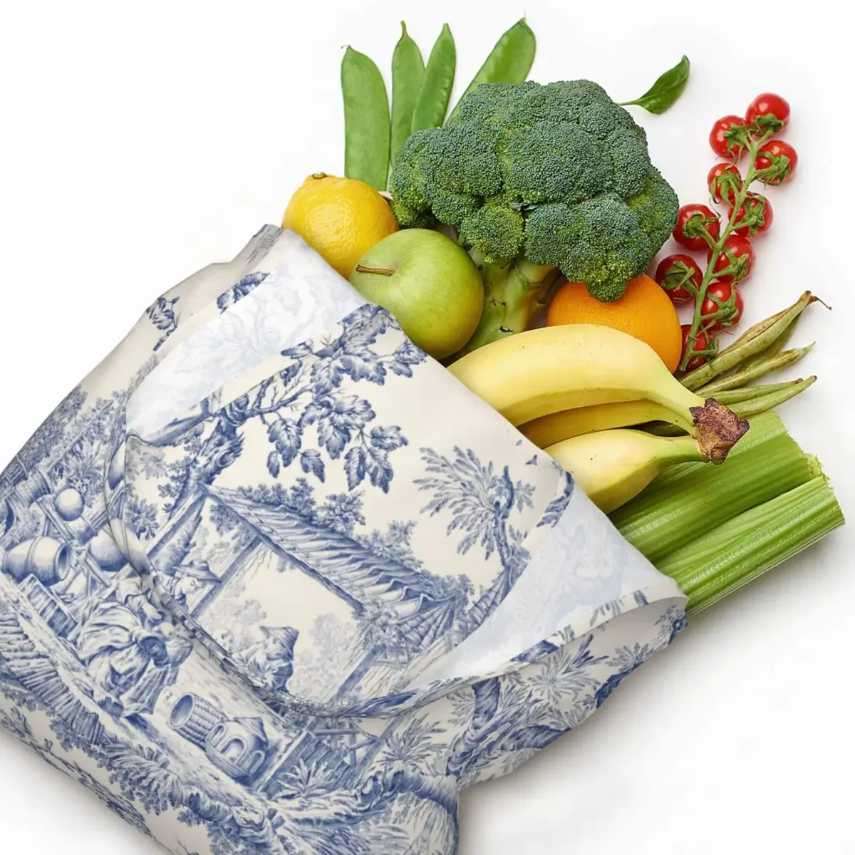 toile de jouy française classique vintage personnalisée, fourre-tout à motif bleu marine, fourre-tout de shopping en toile réutilisable, sac à bandoulière
