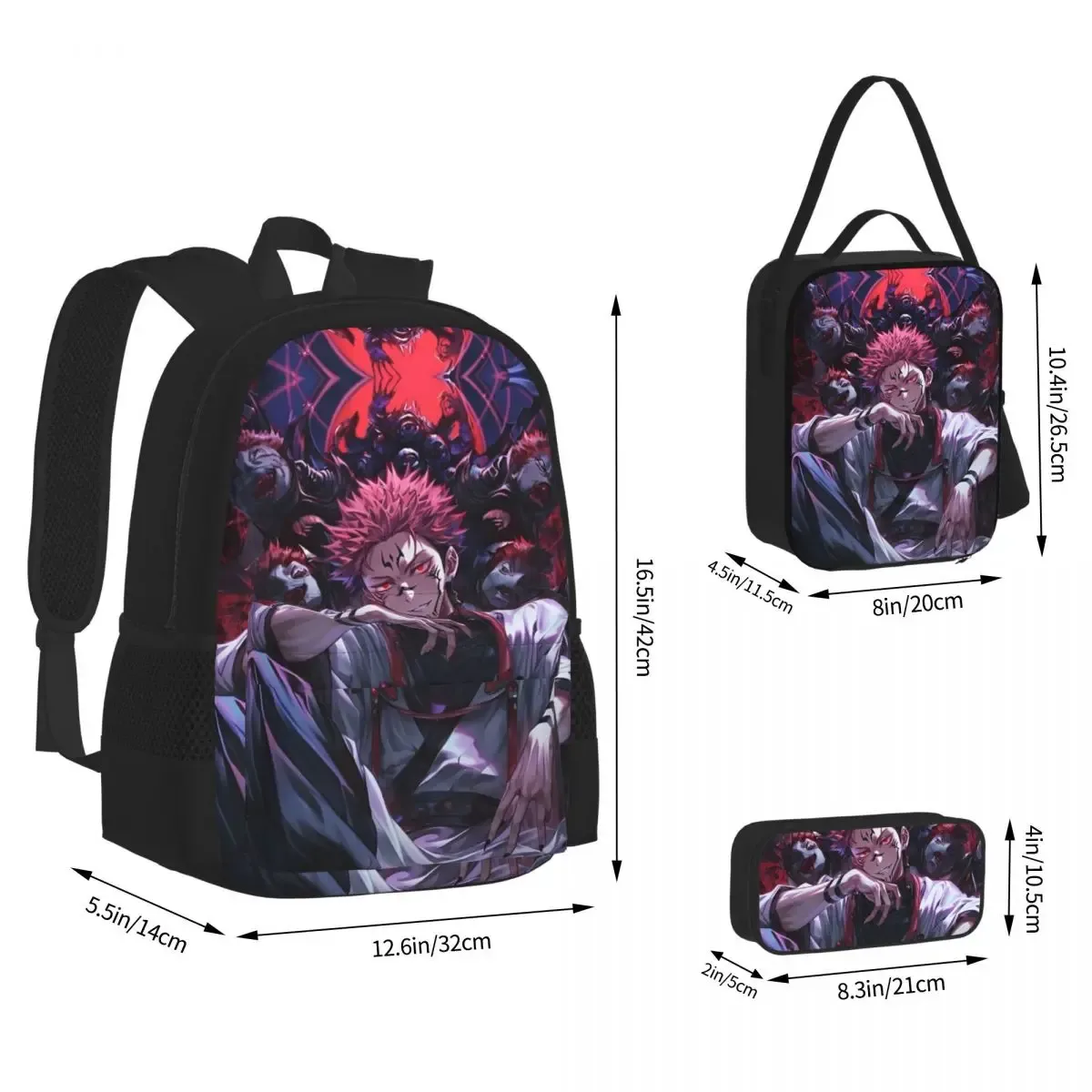 sac dos polyester noir motif animé format grand volume usage étudiant lycéen informatique bandes latérales pochette stylos sac main assorti
