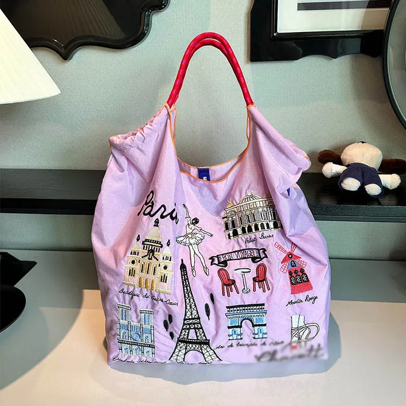 sac de shopping brodé pour femmes, avec chaîne à billes, grande capacité, en nylon écologique, sac à main, sac à bandoulière, sac porté en travers du corps.