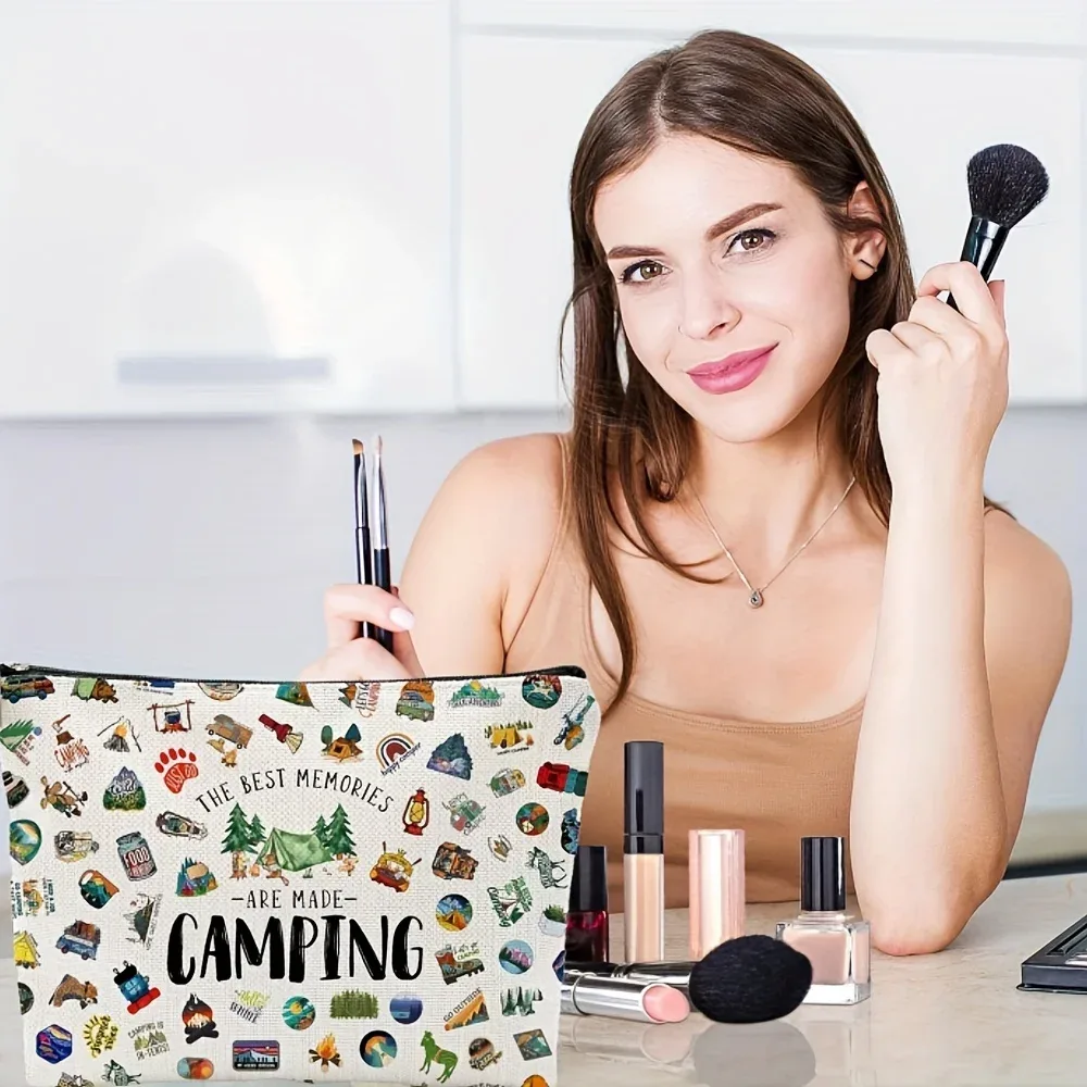 trousse de maquillage de camping vibrante, sac à cosmétiques design happy camper, pochette à cosmétiques légère en polyester pour voyage, cadeaux de noël