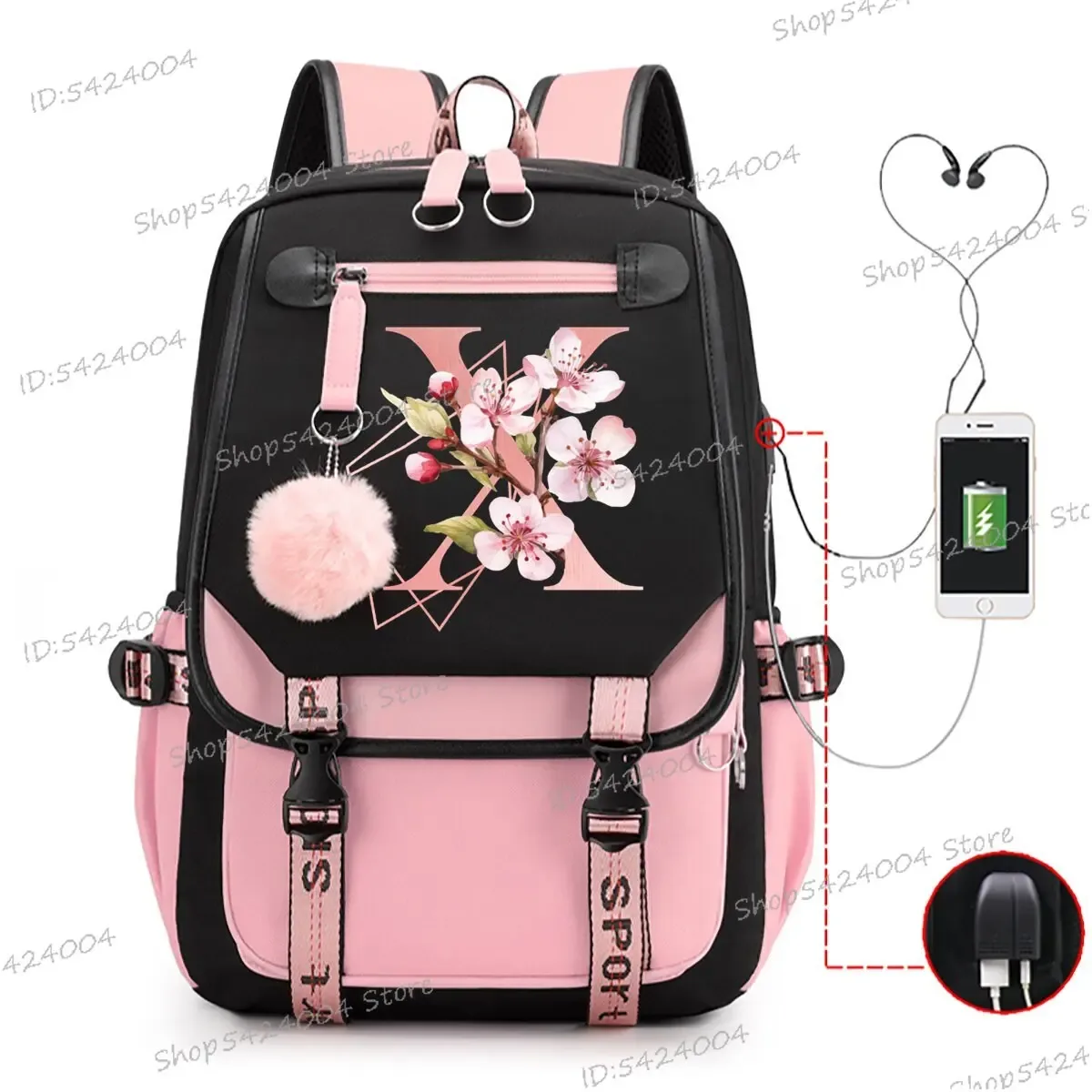 sac dos nylon unisexe rose noir lettre initiale motifs floral personnages voyage adolescents toile interne ordinateur poche fentes compartiments