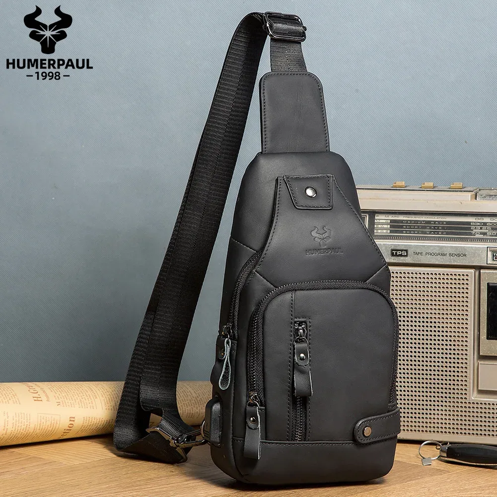 humerpaul-sac de poitrine usb pour homme, 100% cuir véritable, sacs à bandoulière initiés, sac de messager extérieur multifonction, mode