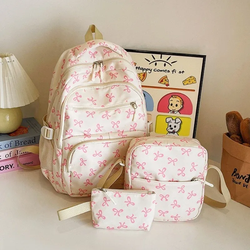 3 pièces/ensemble mode coréenne nœud imprimé femmes mode sac à dos léger simple étudiant sac d'école sangle réglable voyage sac à dos