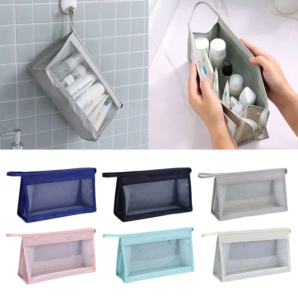 Trousse de toilette portable à fermeture éclair, sac en filet à main, grande capacité, pochette de maquillage suspendue pour le camping