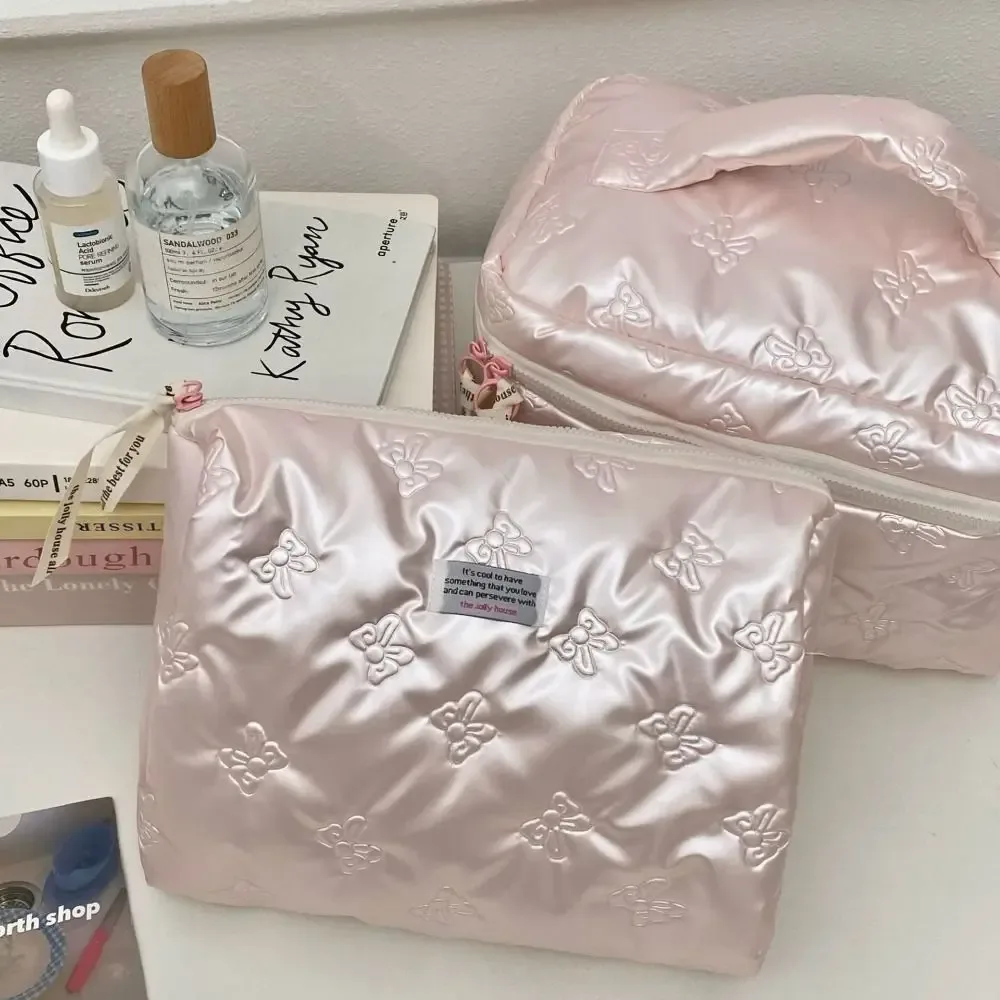 sac à cosmétiques élégant en pu avec décoration en nœud, compartiment de rangement, trousse de maquillage multifonction, trousse de toilette pour femmes