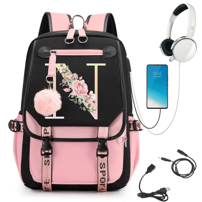 sac à dos rose graphique or imprimé lettre fleur a-z alphabet épaule sac adolescente mode fille sac à dos lycée sacs à dos
