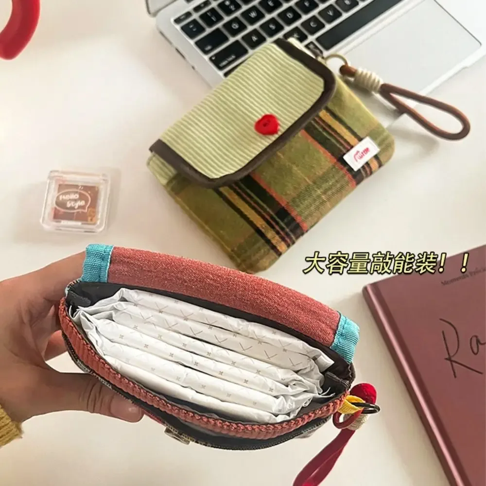 mini sac à cosmétiques de grande capacité, sac de rangement pour serviettes hygiéniques en tissu de coton et velours côtelé, sac pour petits articles, sac de maquillage, sac à main à motif de grille