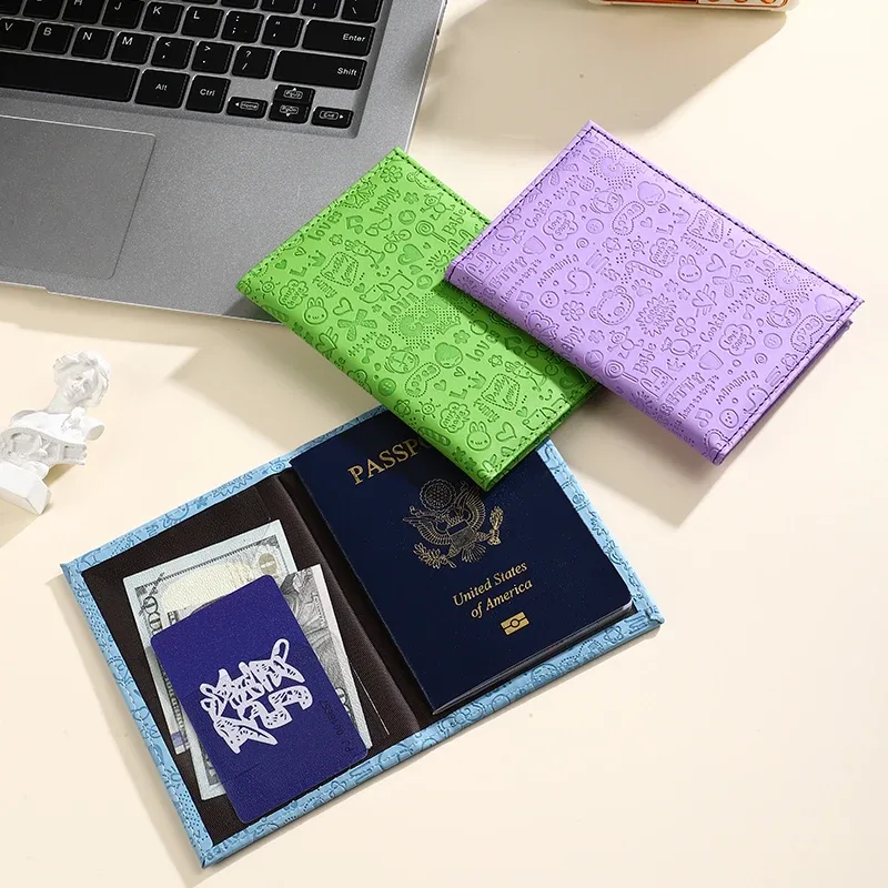 3 housses de protection pour passeport en relief à motif de dessin animé, ensemble de porte-cartes de voyage multicolores en pu