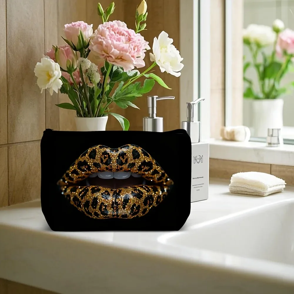 trousse polyester motif lèvres léopard noire pochette cosmétique rectangulaire voyage beauté maquillage toile résistante
