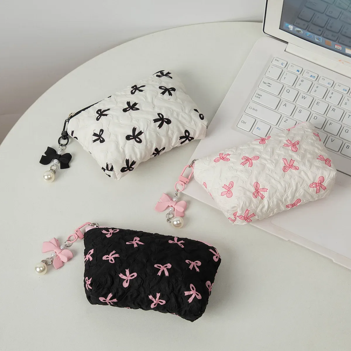 porte-monnaie mignon avec nœud, mini sac de rangement cosmétique, pochette portable à fermeture éclair pour femme, cadeau de voyage