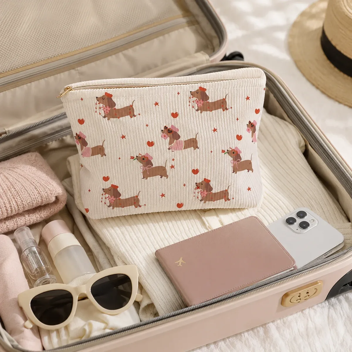 sac à cosmétiques en velours côtelé pour femmes et filles, grande pochette à fermeture éclair pour maquillage, organisateur de toilette de voyage, trousse à crayons