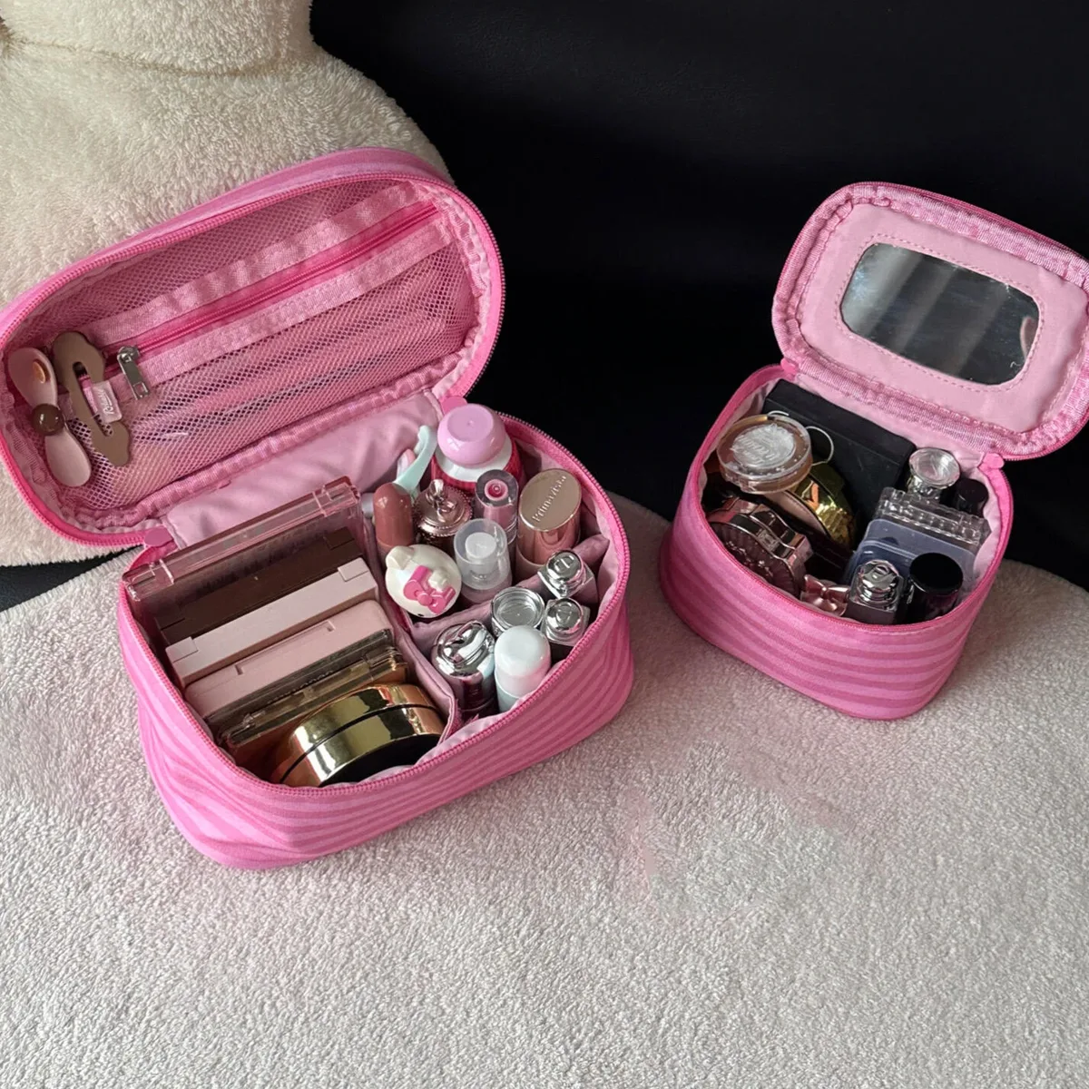 nouvelle trousse de maquillage portable mini mignonne à rayures roses pour femmes – idéale pour les sorties et les voyages