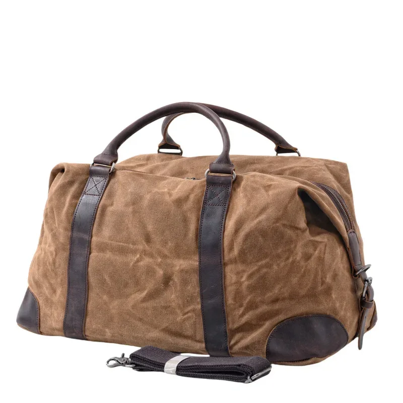 sac de voyage de style rétro européen et américain, fabriqué en toile imperméable cirée et en cuir de vache, grand sac de week-end pour hommes.