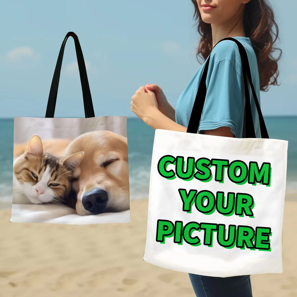 Sac fourre-tout Photo personnalisé, sac à bandoulière d'épicerie réutilisable personnalisé avec pochette de rangement en Polyester pliable