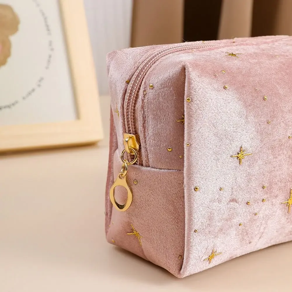 trousse de toilette en velours doux pour femme, sac cosmétique portable, motif étoile estampé à chaud, sac de rangement de maquillage avec fermeture éclair, haute qualité