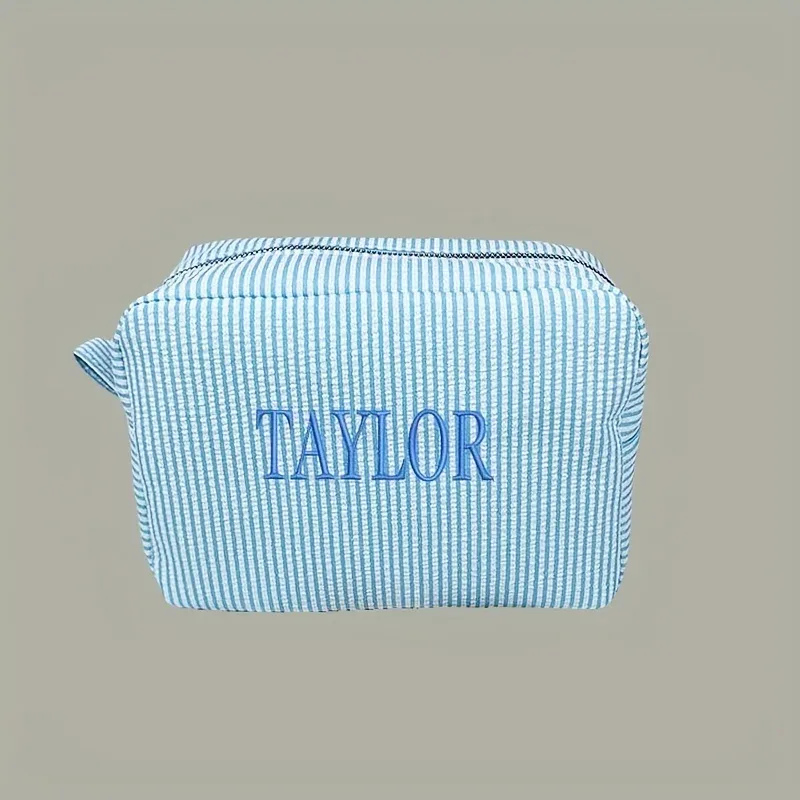 trousse de maquillage à rayures brodée – trousse à cosmétiques personnalisée, pochette de beauté élégante, cadeau parfait de demoiselle d'honneur pour la célébration du mariage