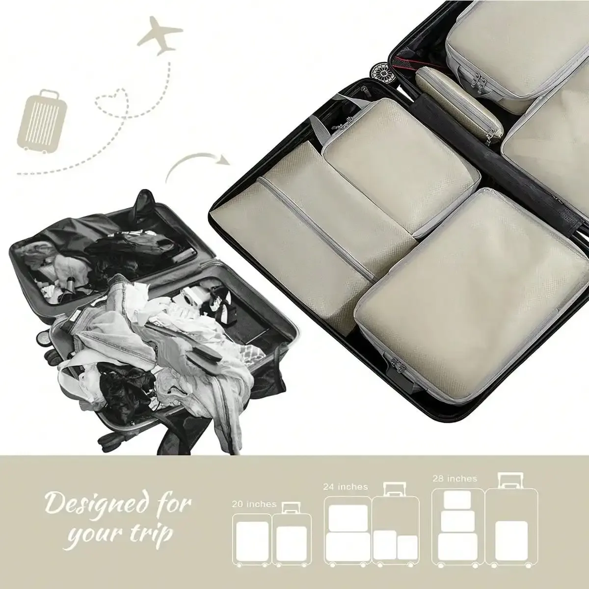 organisateur voyage polyester gris clair poignée noire fermeture glissière compressible sac chaussures rangement cube traçabilité usage polyvalent