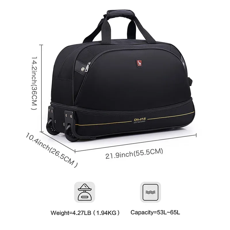 sac de voyage à roulettes oiwas pour hommes, 56l, imperméable, pliable, bagage à main avec roues, sacs de cabine extensibles