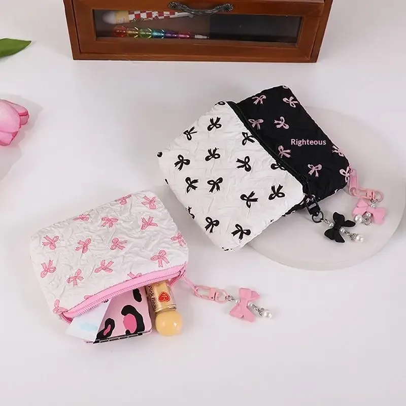 trousse de maquillage en tissu avec nœud mignon, pochette cosmétique pour femme, organiseur de voyage portable pour rouge à lèvres et écouteurs, petite pochette de rangement