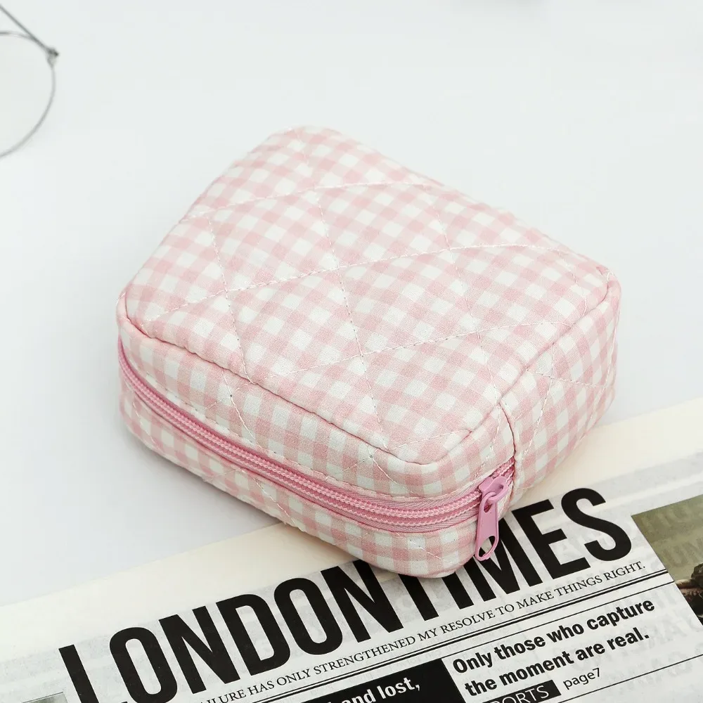 sac de maquillage portable, design matelassé, motif à carreaux, sac de rangement pour pinceaux de maquillage avec fermeture éclair, sac de toilette multifonctionnel pour les voyages