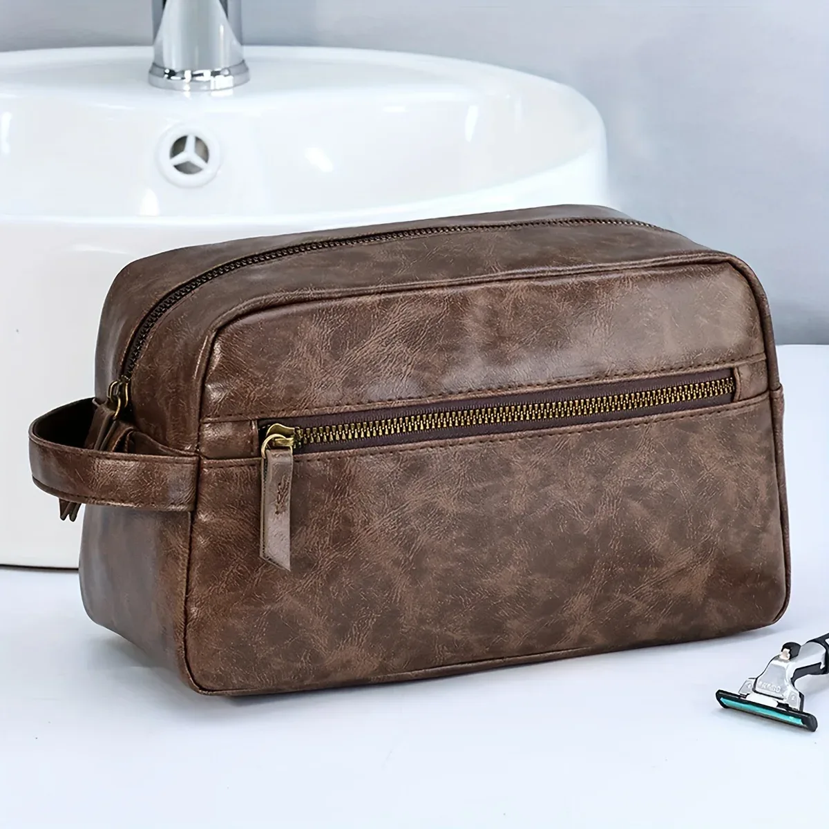 trousse de toilette imperméable en cuir pu pour hommes et femmes, voyage d'affaires, salle de bain, outils de rasage, sac de rangement, pochette de maquillage, sac à cosmétiques pour femmes