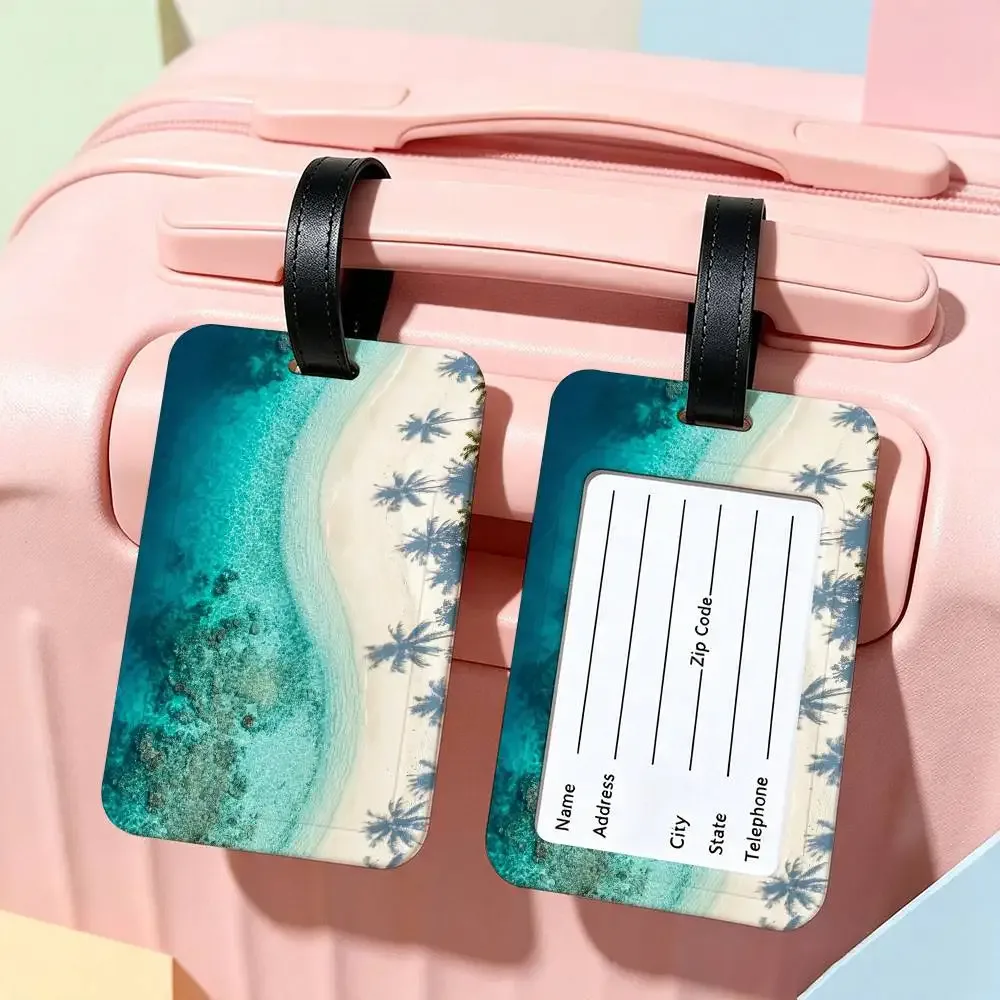 étiquette de bagage en pvc avec carte d'informations, motif mer, océan, bateau, art mural, étiquette anti-perte pour valise, sac à dos, accessoire de voyage