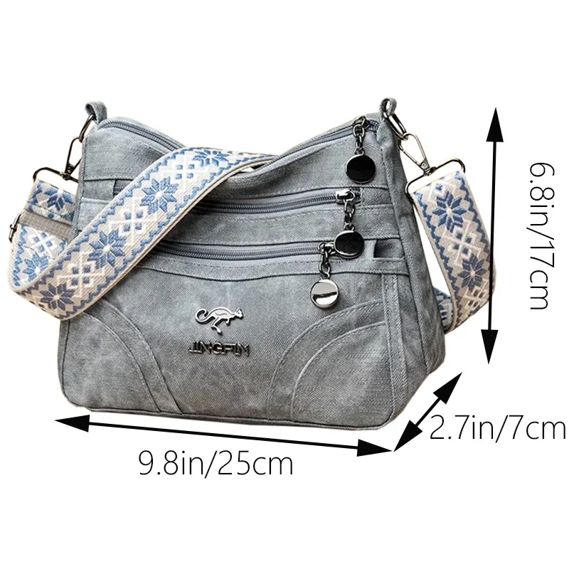 sac à bandoulière vintage gris en toile pour femme, sac messager multi-poches avec sangle à motifs, sac hobo décontracté pour le quotidien