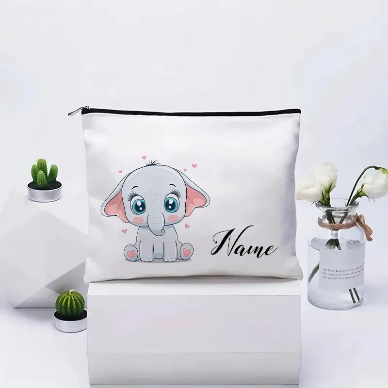 vente flash : grande trousse à maquillage en toile avec motif d'éléphant mignon, essentiels de voyage pour anniversaire d'enfants, trousse de maquillage avec nom personnalisé