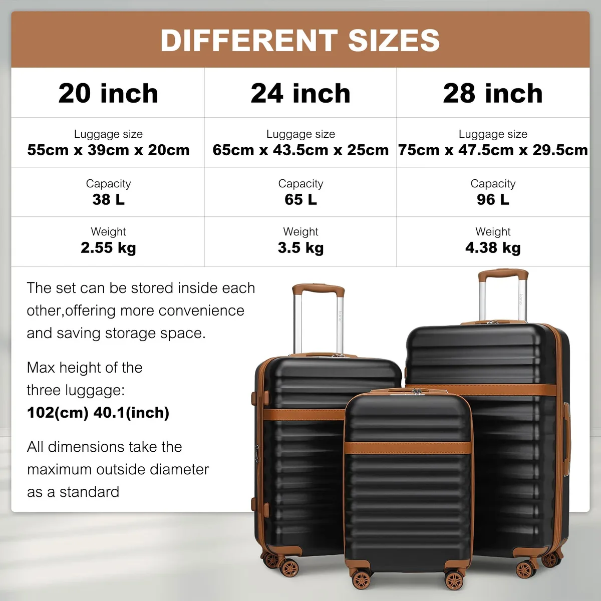ensemble de valises rigides kono 3 pièces en abs+pc avec 4 roulettes pivotantes et serrure tsa, ensemble de valises trolley 20+24+28 pouces